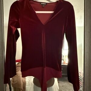 Express Burgundy Velvet V-Neck Bodysuit